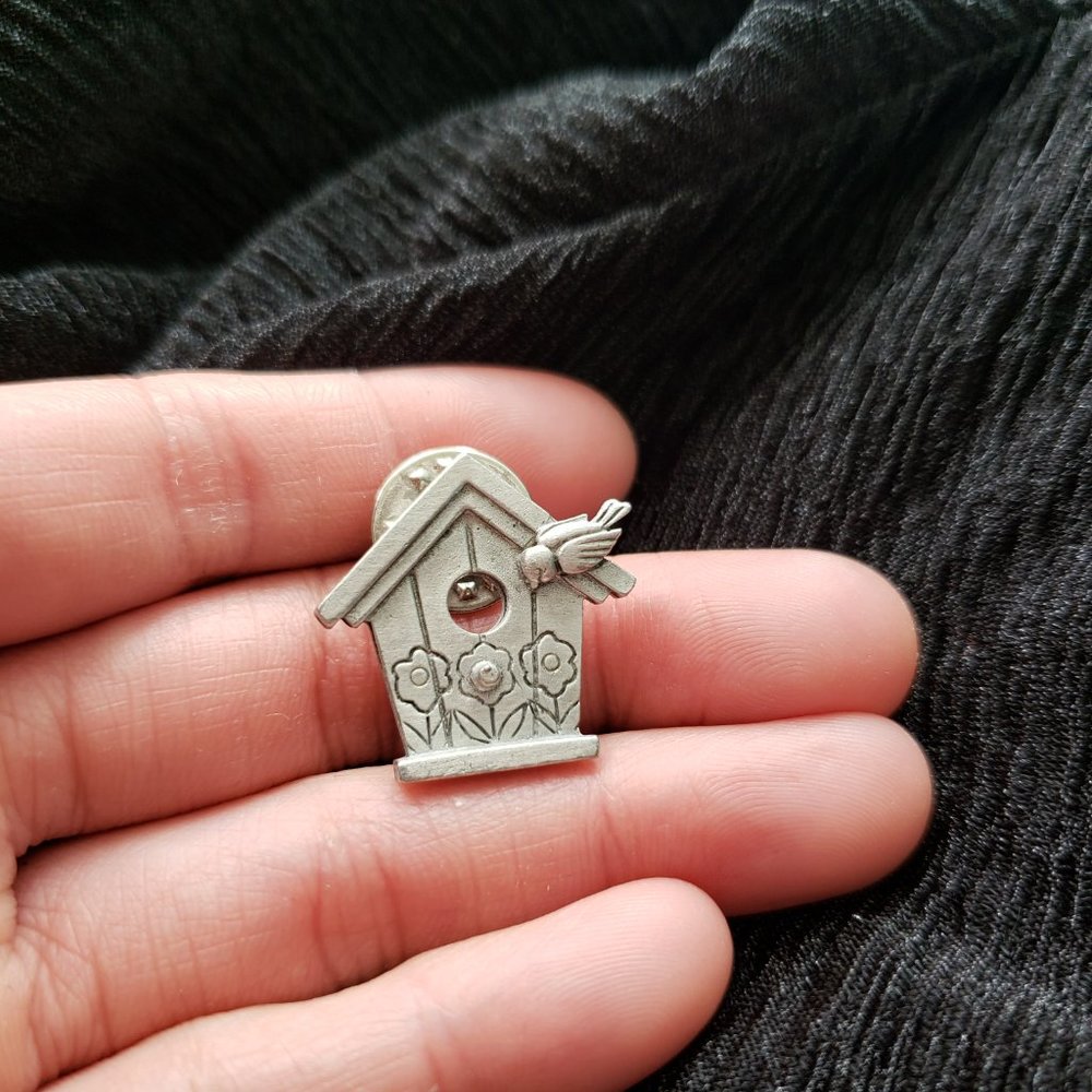 Vintage JJ Pewter Bird and BIRDHOUSE w Perch and Ledge Pin Brooch